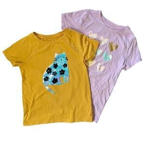 Bundle 2 Cat & Jack Girls Tees: Flip Sequin Cat, Colorful Hearts - Size Kid L